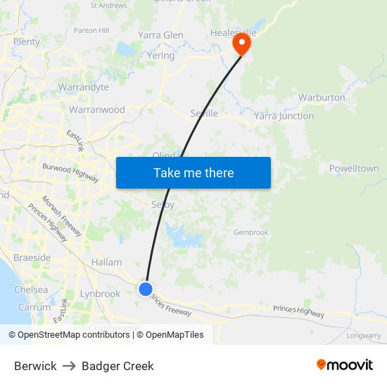 Berwick to Badger Creek map