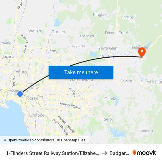 1-Flinders Street Railway Station/Elizabeth St (Melbourne City) to Badger Creek map