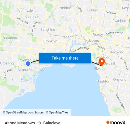 Altona Meadows to Balaclava map