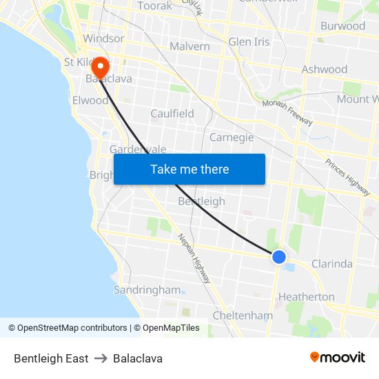 Bentleigh East to Balaclava map