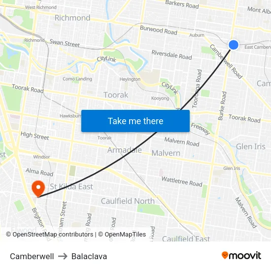 Camberwell to Balaclava map
