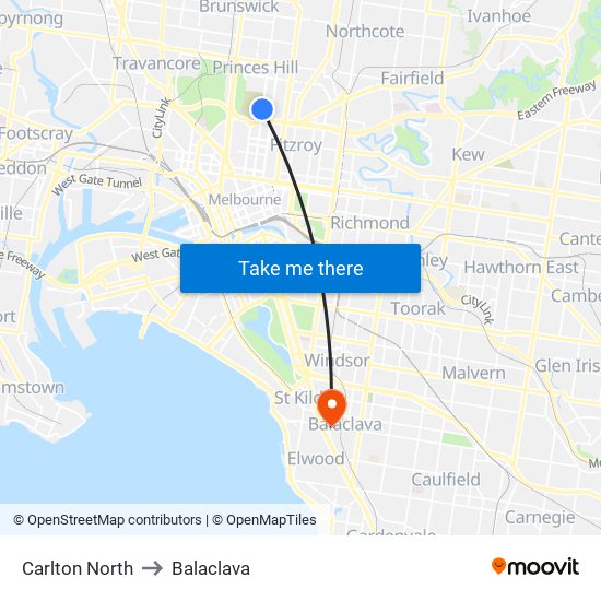 Carlton North to Balaclava map