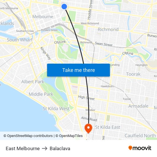 East Melbourne to Balaclava map