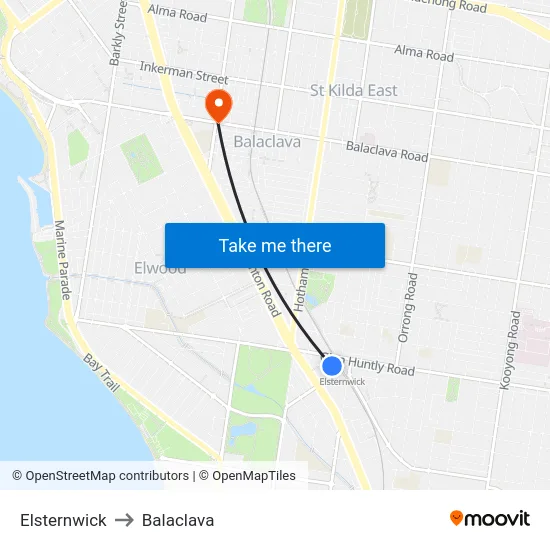 Elsternwick to Balaclava map