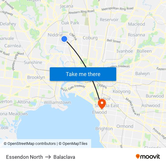 Essendon North to Balaclava map