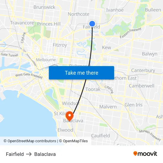 Fairfield to Balaclava map