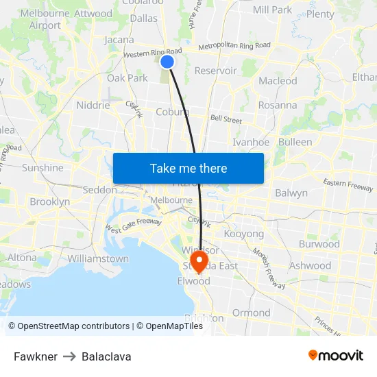 Fawkner to Balaclava map