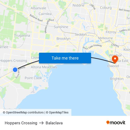 Hoppers Crossing to Balaclava map