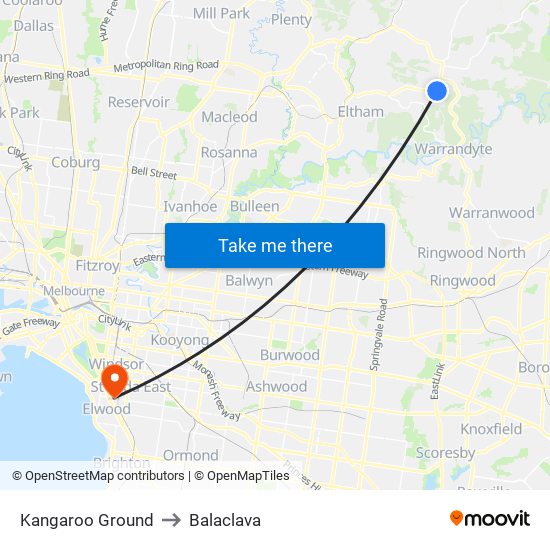 Kangaroo Ground to Balaclava map