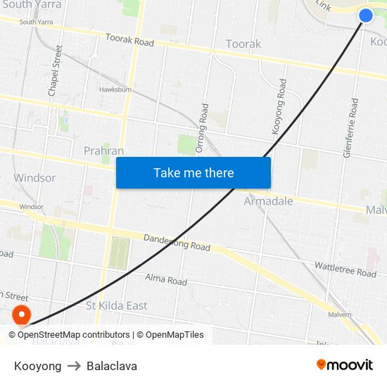 Kooyong to Balaclava map