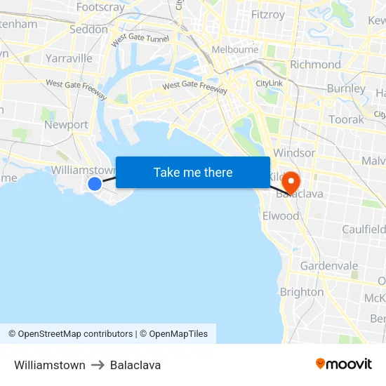 Williamstown to Balaclava map