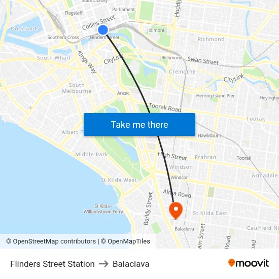 Flinders Street Station to Balaclava map