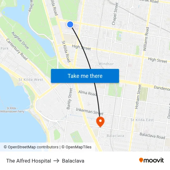 The Alfred Hospital to Balaclava map