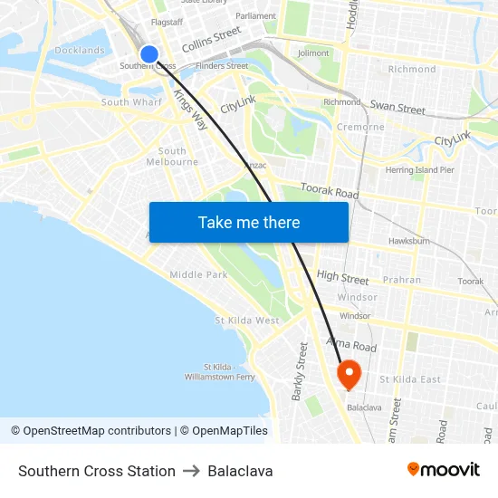 Southern Cross Station to Balaclava map