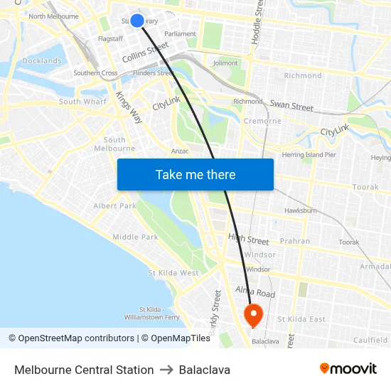 Melbourne Central Station to Balaclava map