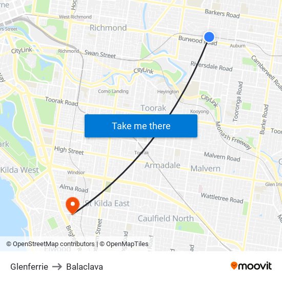 Glenferrie to Balaclava map