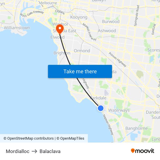 Mordialloc to Balaclava map