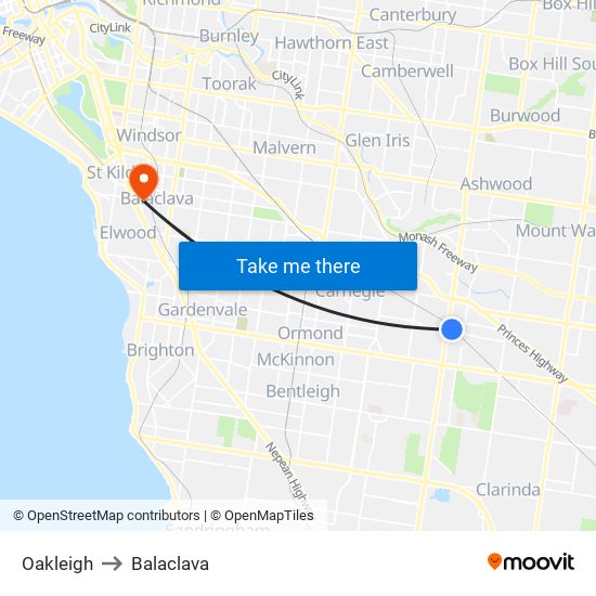 Oakleigh to Balaclava map