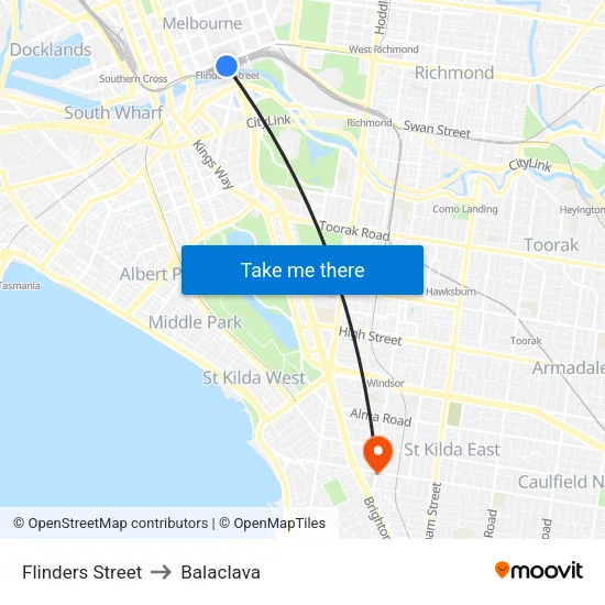 Flinders Street to Balaclava map