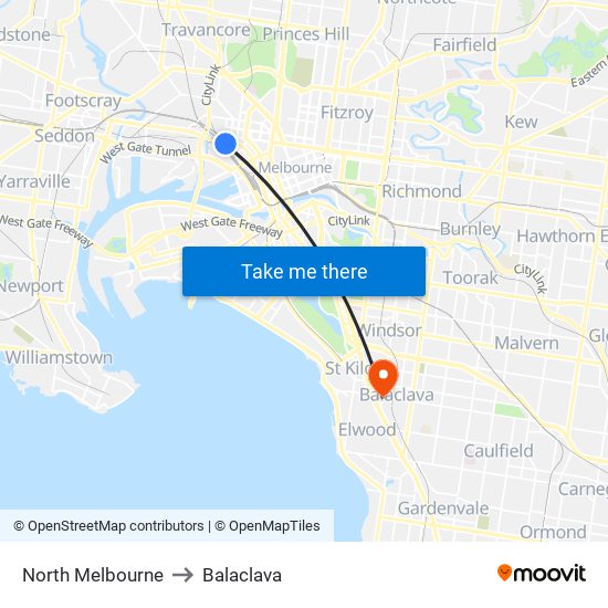 North Melbourne to Balaclava map