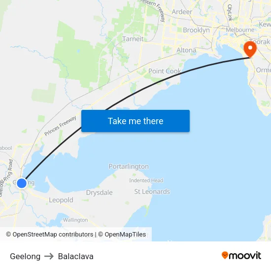 Geelong to Balaclava map
