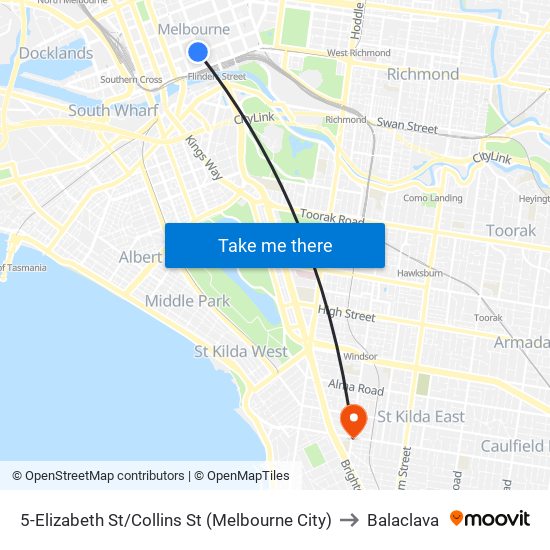 5-Elizabeth St/Collins St (Melbourne City) to Balaclava map