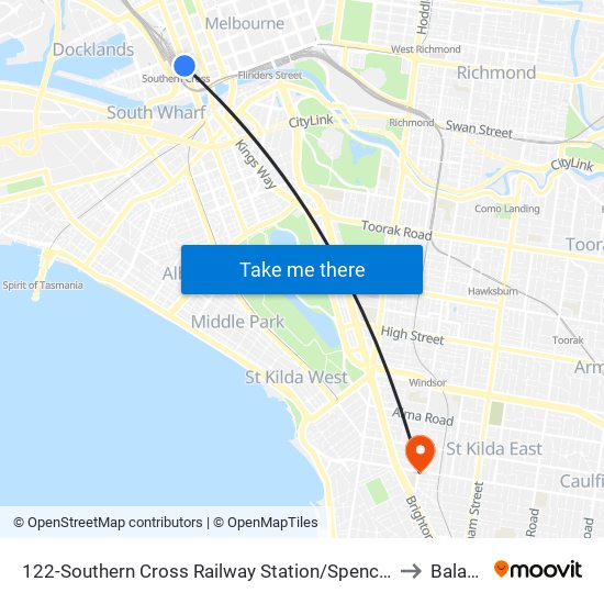 122-Southern Cross Railway Station/Spencer St (Melbourne City) to Balaclava map