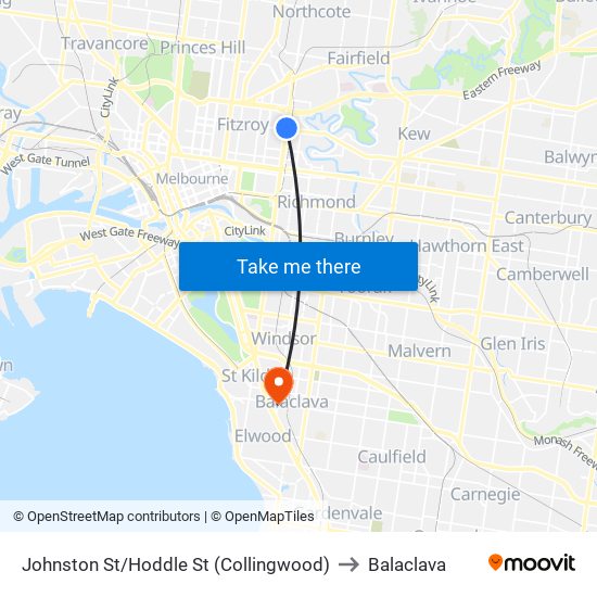 Johnston St/Hoddle St (Collingwood) to Balaclava map