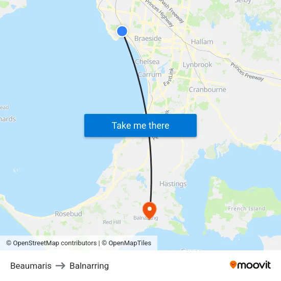Beaumaris to Balnarring map