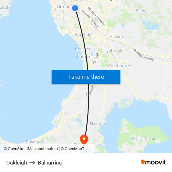 Oakleigh to Balnarring map