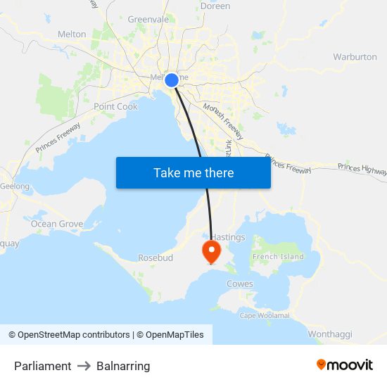 Parliament to Balnarring map