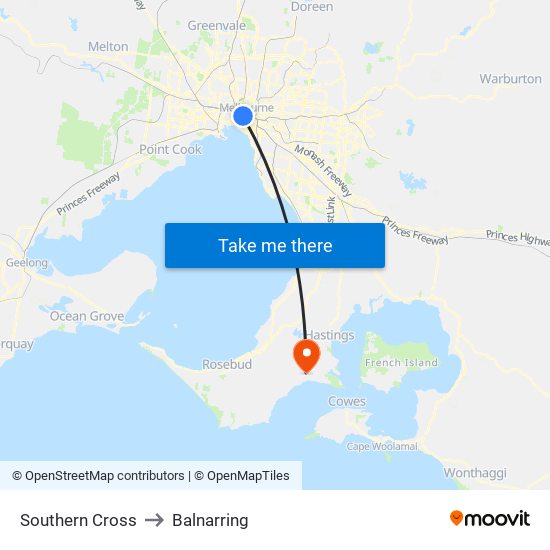 Southern Cross to Balnarring map