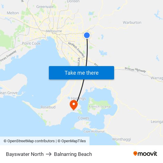 Bayswater North to Balnarring Beach map