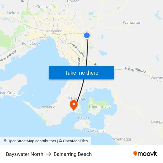 Bayswater North to Balnarring Beach map