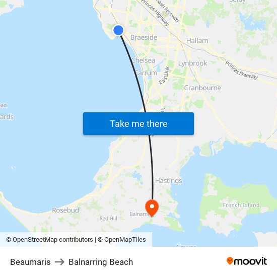 Beaumaris to Balnarring Beach map