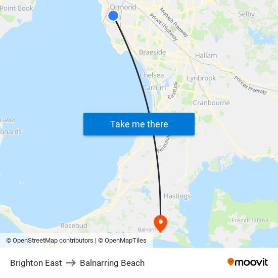 Brighton East to Balnarring Beach map