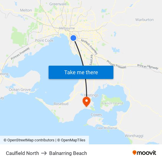 Caulfield North to Balnarring Beach map