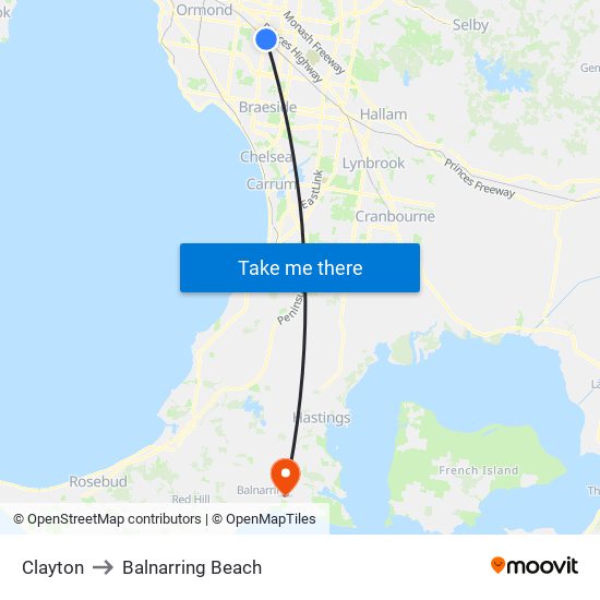 Clayton to Balnarring Beach map