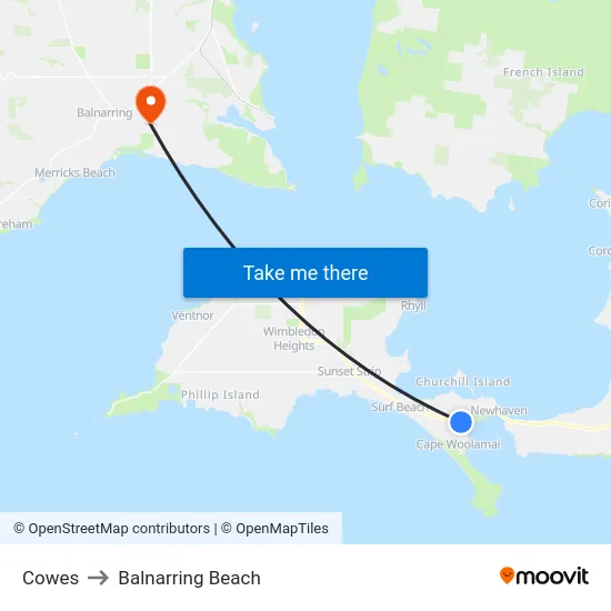 Cowes to Balnarring Beach map