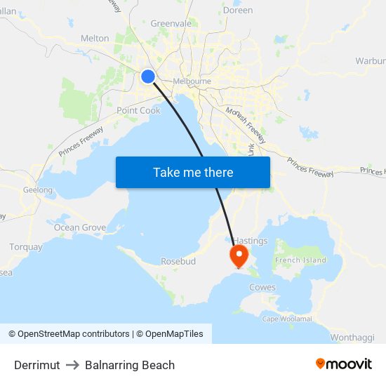 Derrimut to Balnarring Beach map