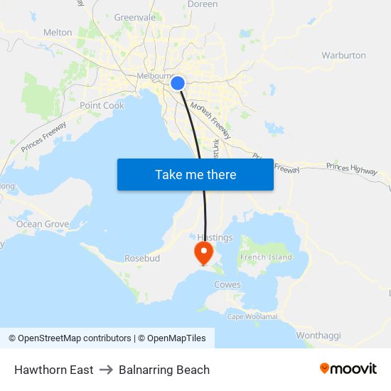 Hawthorn East to Balnarring Beach map