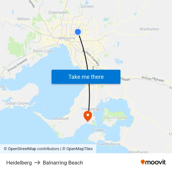 Heidelberg to Balnarring Beach map