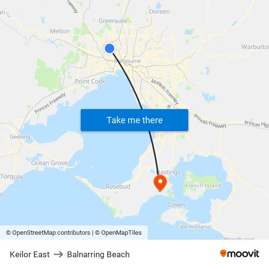 Keilor East to Balnarring Beach map