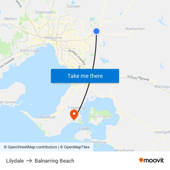 Lilydale to Balnarring Beach map