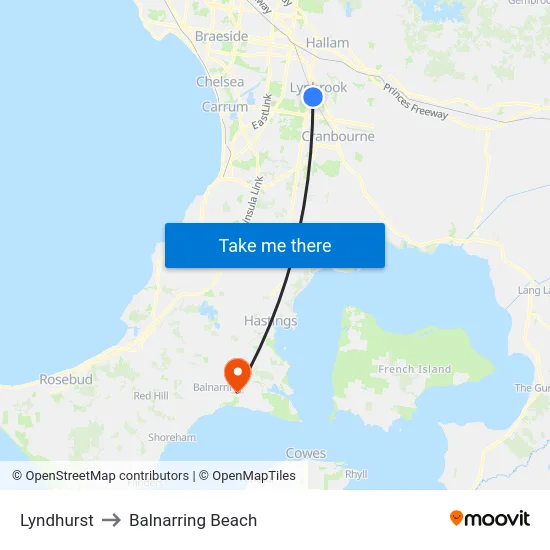 Lyndhurst to Balnarring Beach map
