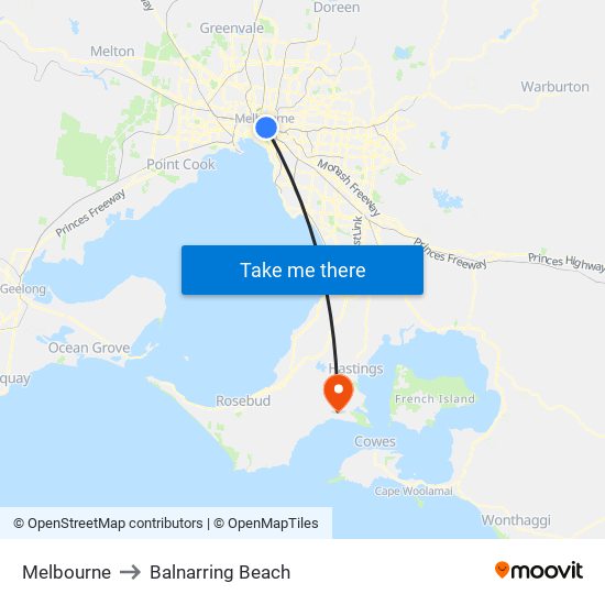 Melbourne to Balnarring Beach map