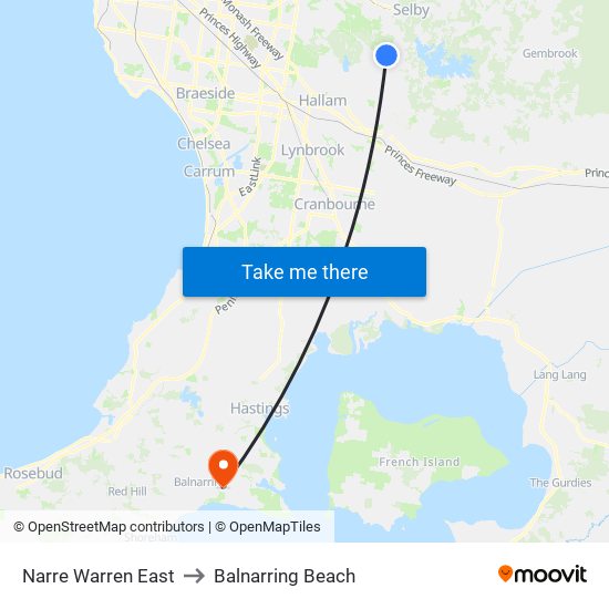 Narre Warren East to Balnarring Beach map