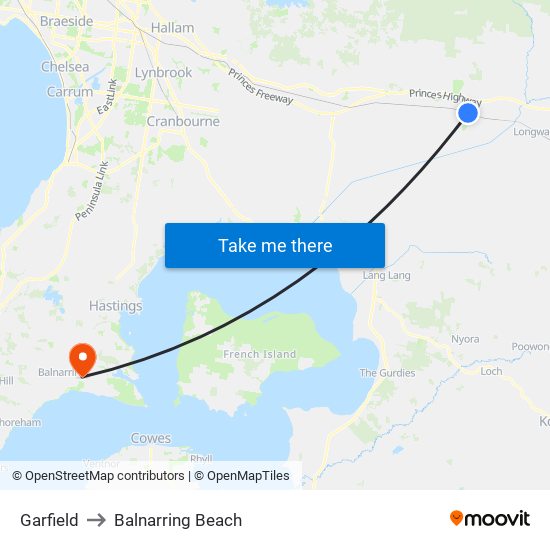 Garfield to Balnarring Beach map