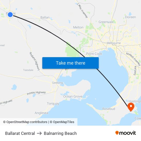 Ballarat Central to Balnarring Beach map