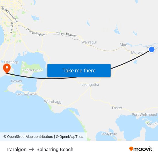 Traralgon to Balnarring Beach map